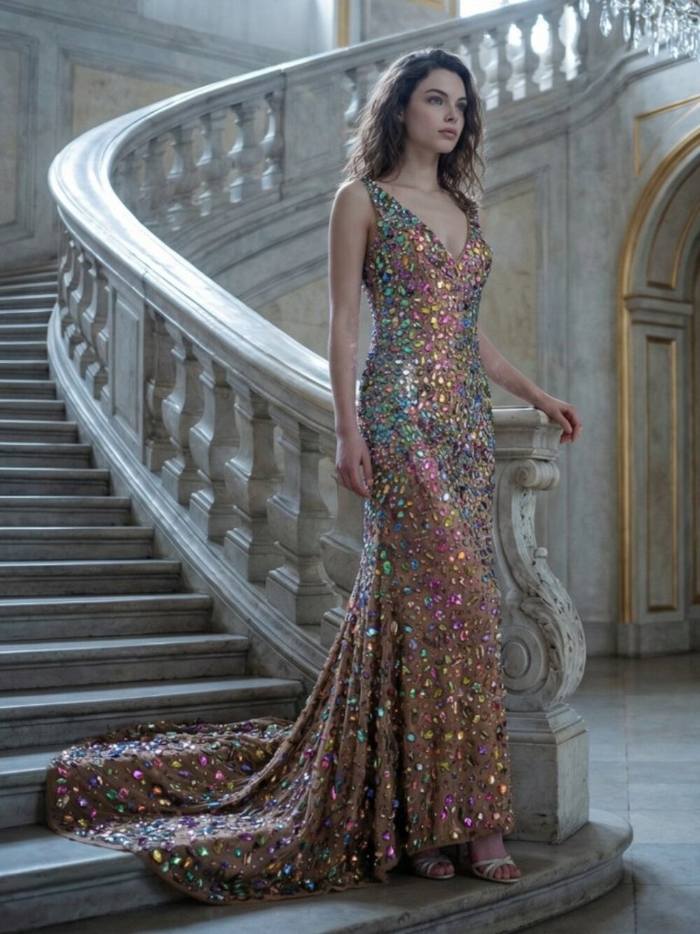 Multicolor Wedding Evening Cocktail Runway Prom Crystals Couture Designer Dress